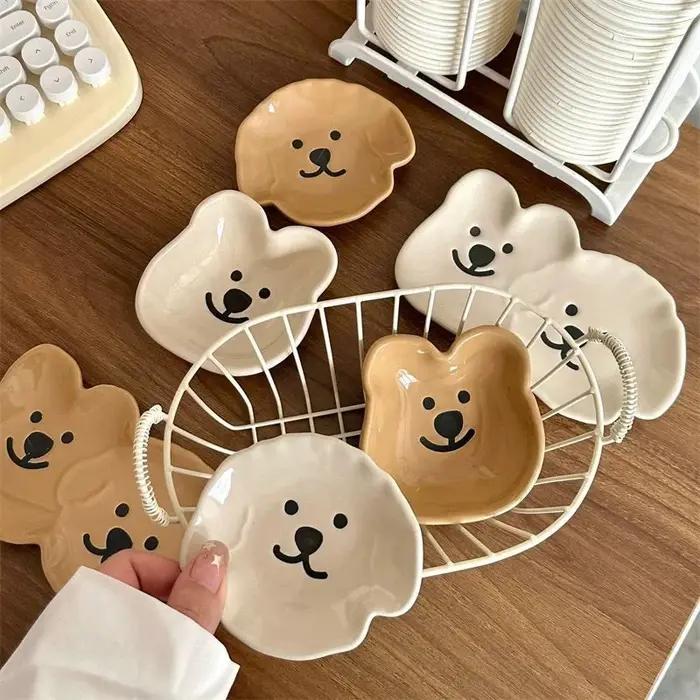 Plat à sauce en céramique avec motif de chien et d'ours mignon - Bol à condiments et collations pour la maison et les occasions spéciales