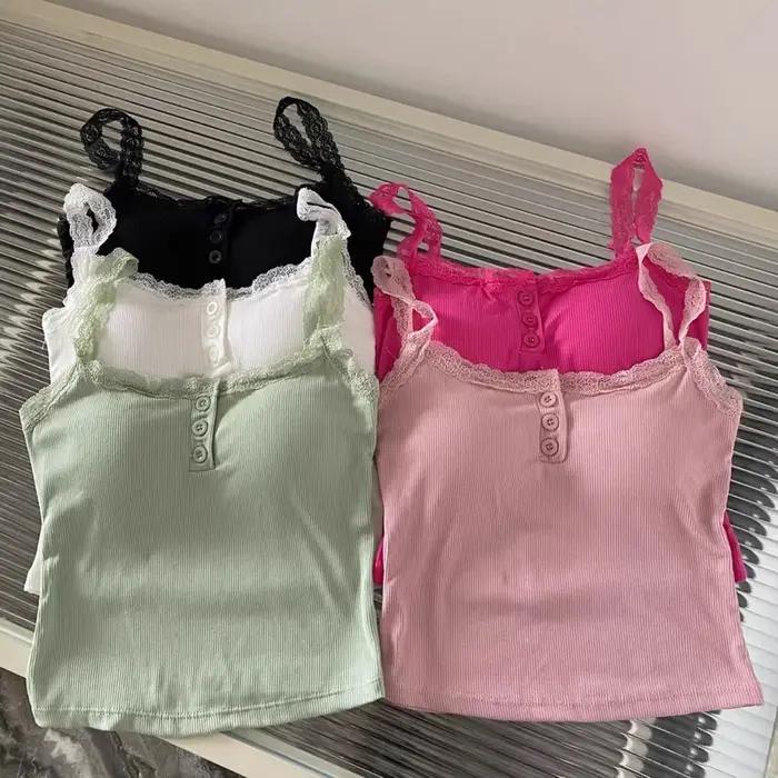 Camisole patchwork à bretelles en dentelle pour femme, haut précieux, fibres de document solides, ét