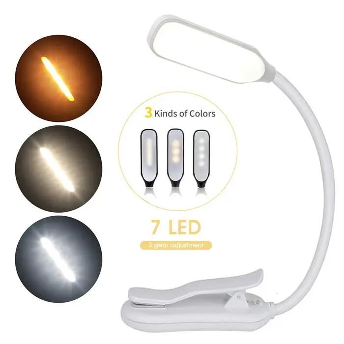 7 LED livre lumière USB Rechargeable lampe de lecture 3 niveaux chaud blanc froid