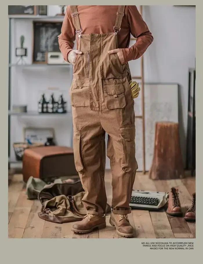Salopette américaine rétro en coton lavage facile pantalon ample à bretelles quatre saisons