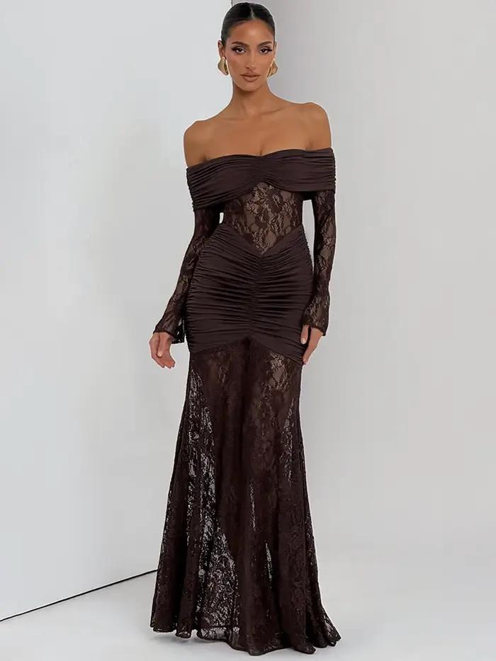 Mozision épaules dénudées à manches longues Sexy robe Maxi femmes mode dentelle voir à travers brete