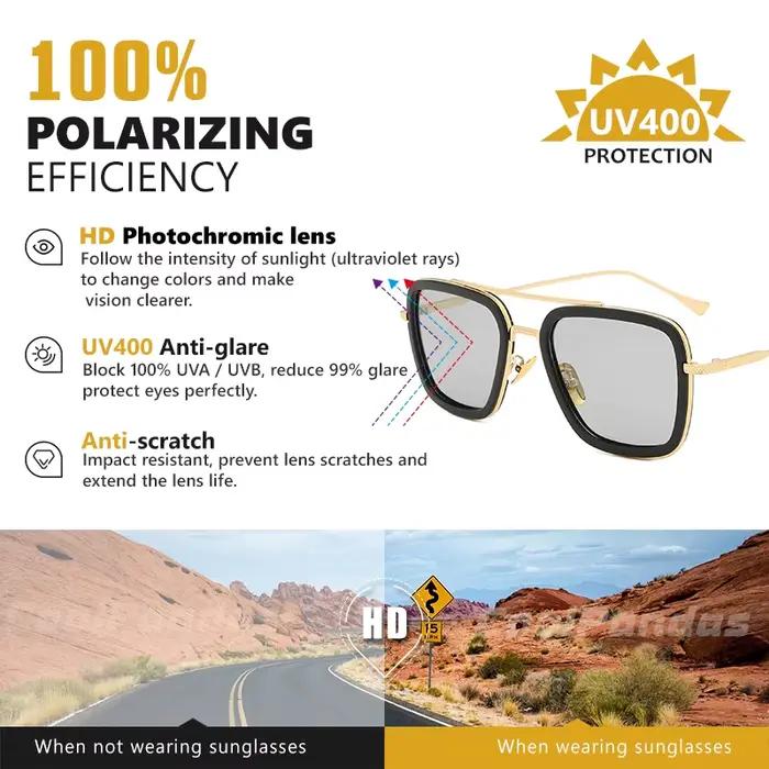 Top qualité Tony Stark carré lunettes de soleil photochromique polarisé hommes lunettes Steampunk lu