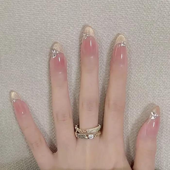 Faux ongles en forme d'amande à paillettes simples, avec colle, Design d'ongles ballerine, doux et f