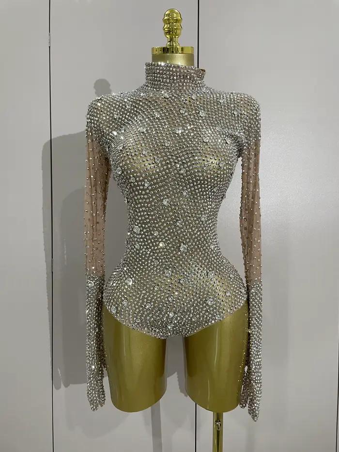 Gants à manches longues avec strass scintillants, body extensible pour femmes, soirée de luxe, fête