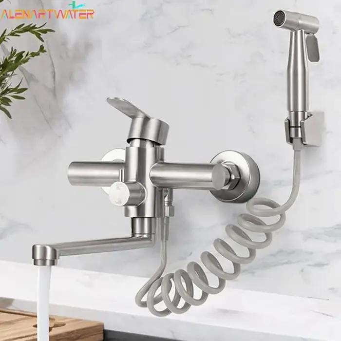 Robinet cuisine mural Alenartwater - Mitigeur mono-levier rotatif eau chaude froide - Installation double trou
