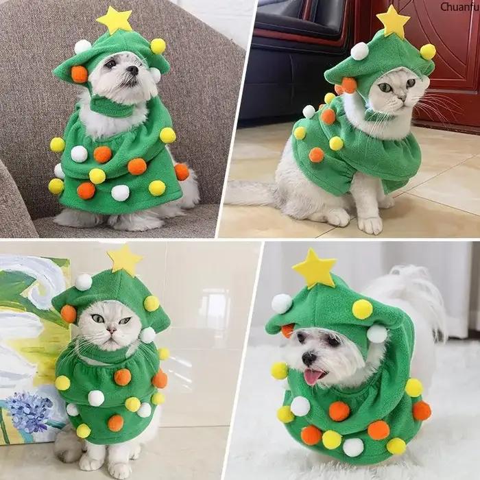 Costume de Noël pour animaux de compagnie, tenue festive chaude et réglable pour chiens et chats, avec capuche double couche, boules colorées et fermetures à velcro, pour occasions spéciales et réunions familiales